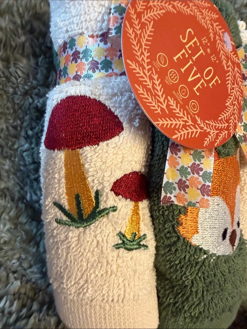 5 Fall Hand Towels w/Mushrooms & Fox! 2 Dish Cloth Sponges (pattern 2 vary)